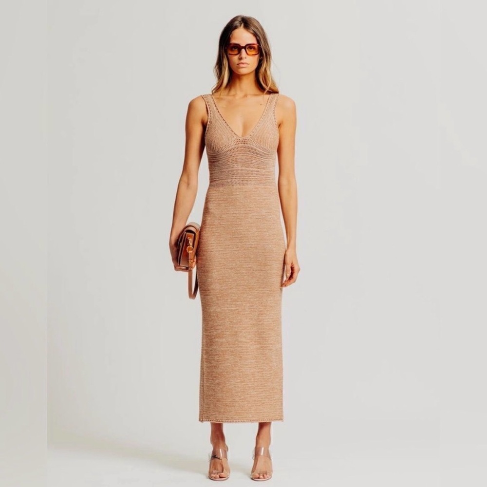 Torn by Ronny Kobo Darcy Madi Open-Back Knit Maxi Dress M BROWN SAND